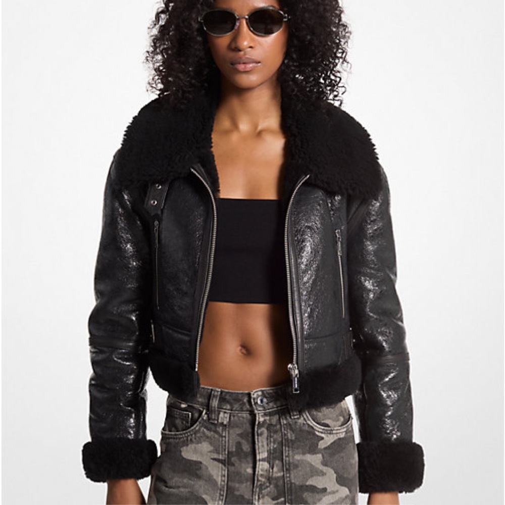 Michael Kors Crackled Black Leather & Shearling Cropped Jacket - Small or XS